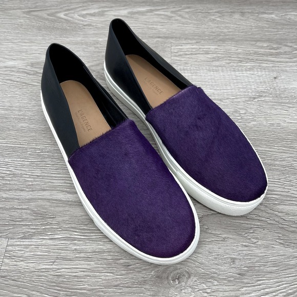 NEW- L'AGENCE *RARE* Calf Hair Leather Slip On Sneakers Black & Purple - Sz 9.5 - Picture 12 of 13